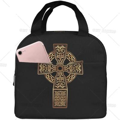 Croce Celtica Portatile Foglio di Alluminio Spesso Isolante Nero Borsa Pranzo per Donne Uomini Scatola Riutilizzabile con Tasca per Lavoro Ufficio