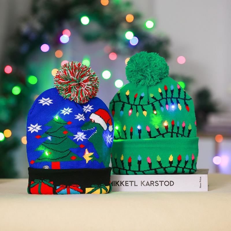Cross-border Christmas decoration supplies cuffed knitted hat with ball LED light Santa Claus luminous hat for adults and children