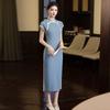 Blue Ice Silk Cheongsam Dress Women Long Vintage Style Stand Collar Half Sleeve 2026