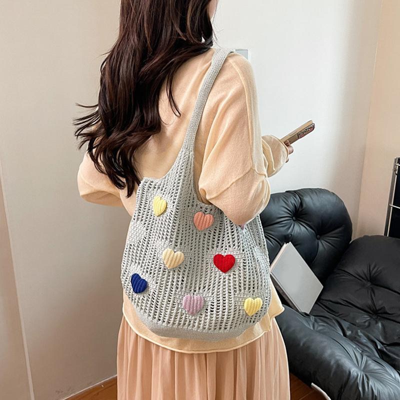 Hollow Out Lover Heart Thread Woven Bag Beach Handbag Tote Bag Beach Bag Large Capacity Bohemian Style Shoulder Bag Girls CLE