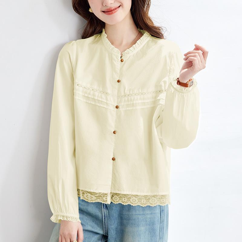Кружевная Вышитая Плиссированная Блузка с Длинным Рукавом Литературная Простая Милая и Очаровательная Блузка с Круглым Вырезом Универсальная с Длинным Рукавом M
