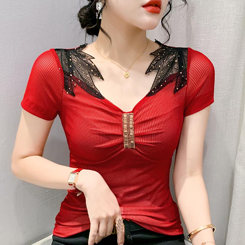 Fashion New Summer Short Sleeve V-Neck Slim Women T-Shirt Women Tops Tees J383