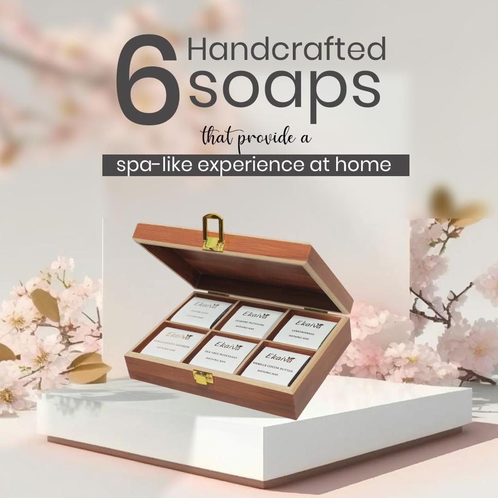 Luxury Bathing Bars Gift Set of 6 | Premium Handmade Soaps | Reddish Brown Wooden Box | Natural Moisturizing | 6 X 50 Gm)
