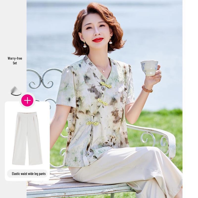 

Летний комплект в новом китайском стиле с цветочным принтом для прошлых мам XL