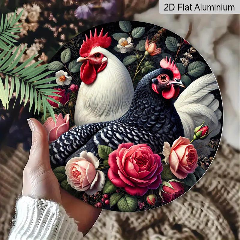 2D Flat 1pc, 8x8 In, Round Chicken Wreath Aluminum Metal Decorative Signs & Plaques - Vintage Farmhouse Wall Decor with Colorful Rooster & Floral