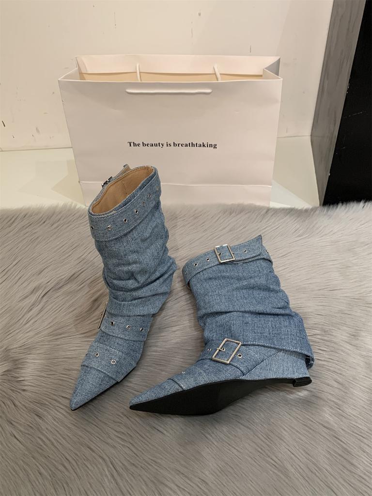 Winter and Autumn New Niche Denim Wedge Heel Pants Boots Women's Pointed Belt Buckle High Heel Folded Short Boots Stacking Boots