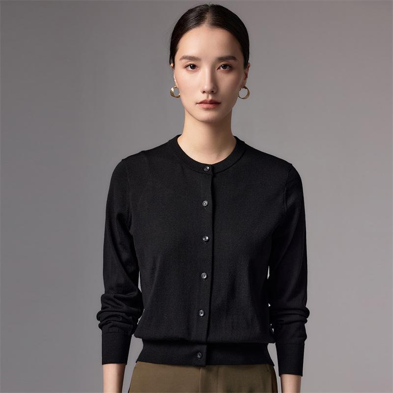 Merino Fine Spun Wool Women's Cardigan: 2026 Spring-Autumn Round Neck, Single-Breasted, Elegant Knit Sweater