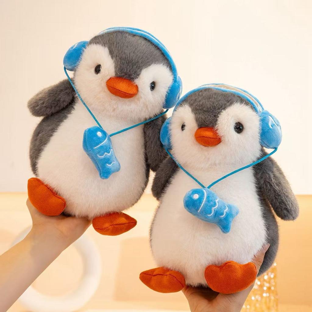 25/35cm New Simulation Penguin Doll with Headphones Plush Toy Cartoon Anime Cute Pillow for Children's Birthday Gift Fun Doll