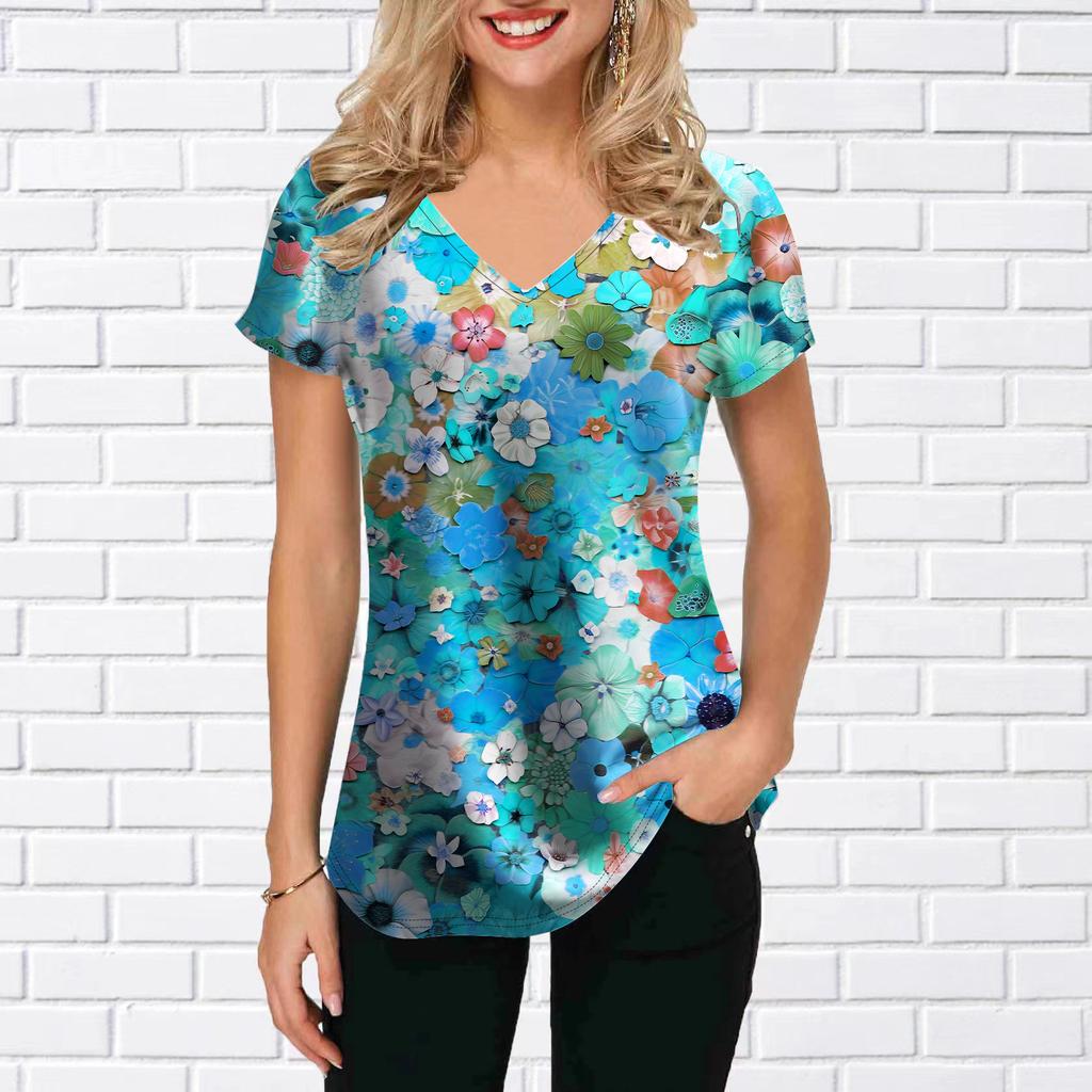 Damen V-Ausschnitt Kurzarm Sonnenblume Bunt Leinwand Bedruckte Tops Lockeres T-Shirt Lässige Bluse