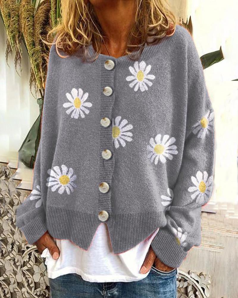 Autumn & Winter Chrysanthemum Embroidered Women's Knit Cardigan Sweater