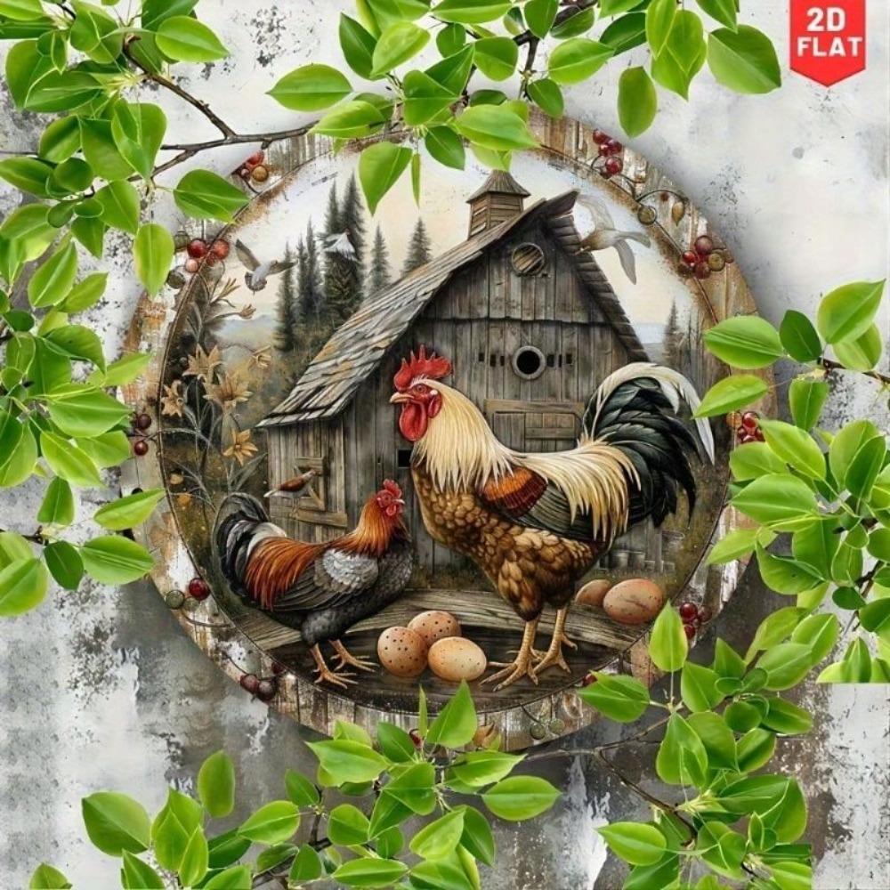Vintage Round Metal Chicken Wall Art Farmhouse Kitchen Decor