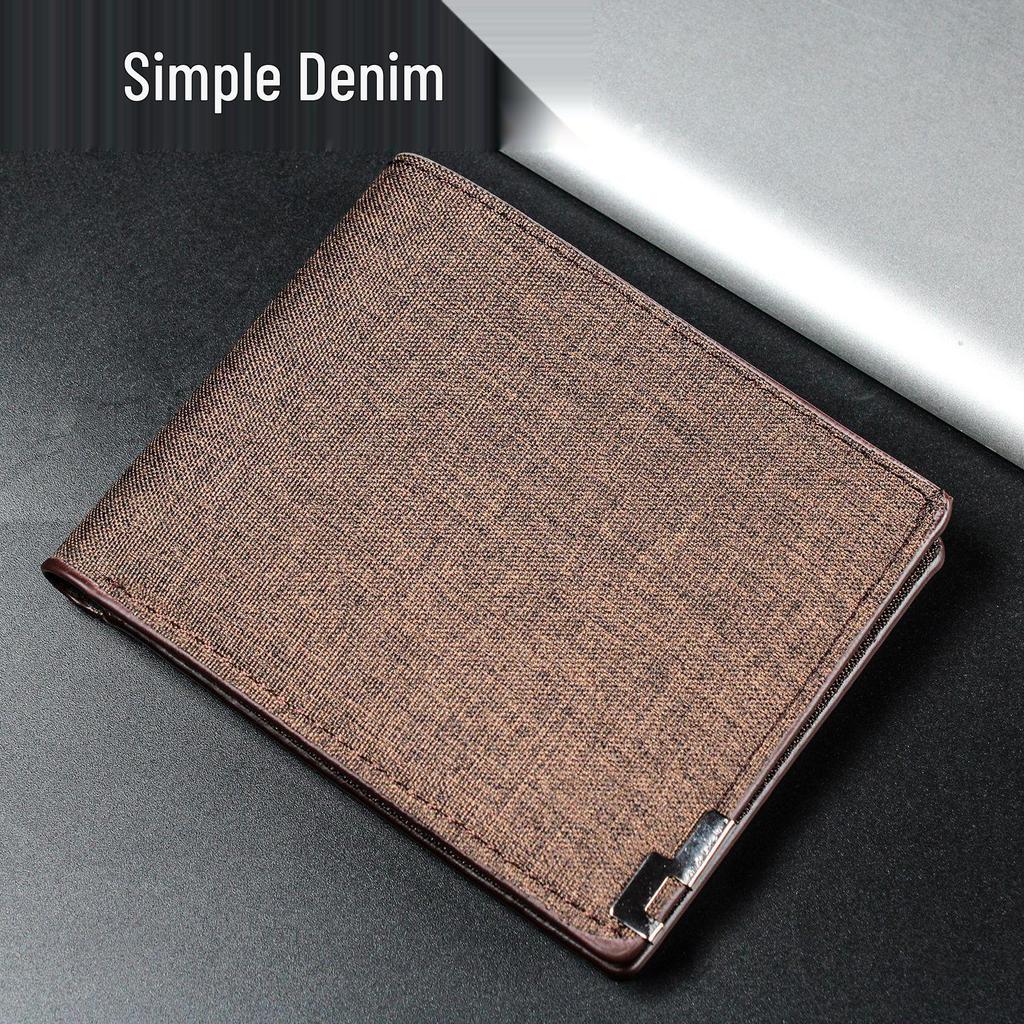 Men's Classic PU Wallet with Photo Frame, Bill Compartment & Card Slots - Short Horizontal Denim Texture