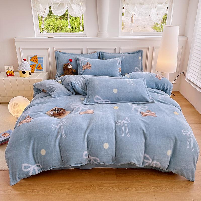 Thickened Milk Fleece Printing Four-Piece Polka Dot Student Bed Sheet Quilt Cover Bed Three-Piece Dormitory