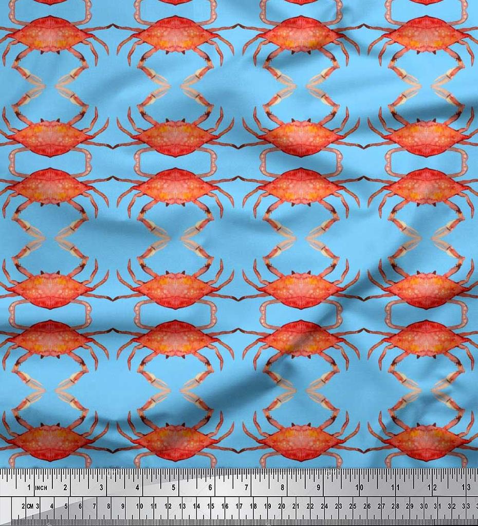 Soimoi Beige Japan Crepe Satin Fabric Crabs Ocean Print Fabric by the metre 42 Inch