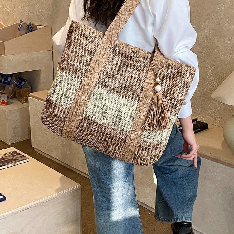 Contrasting Tassel Straw Woven Tote Bag Women's Shoulder Bag