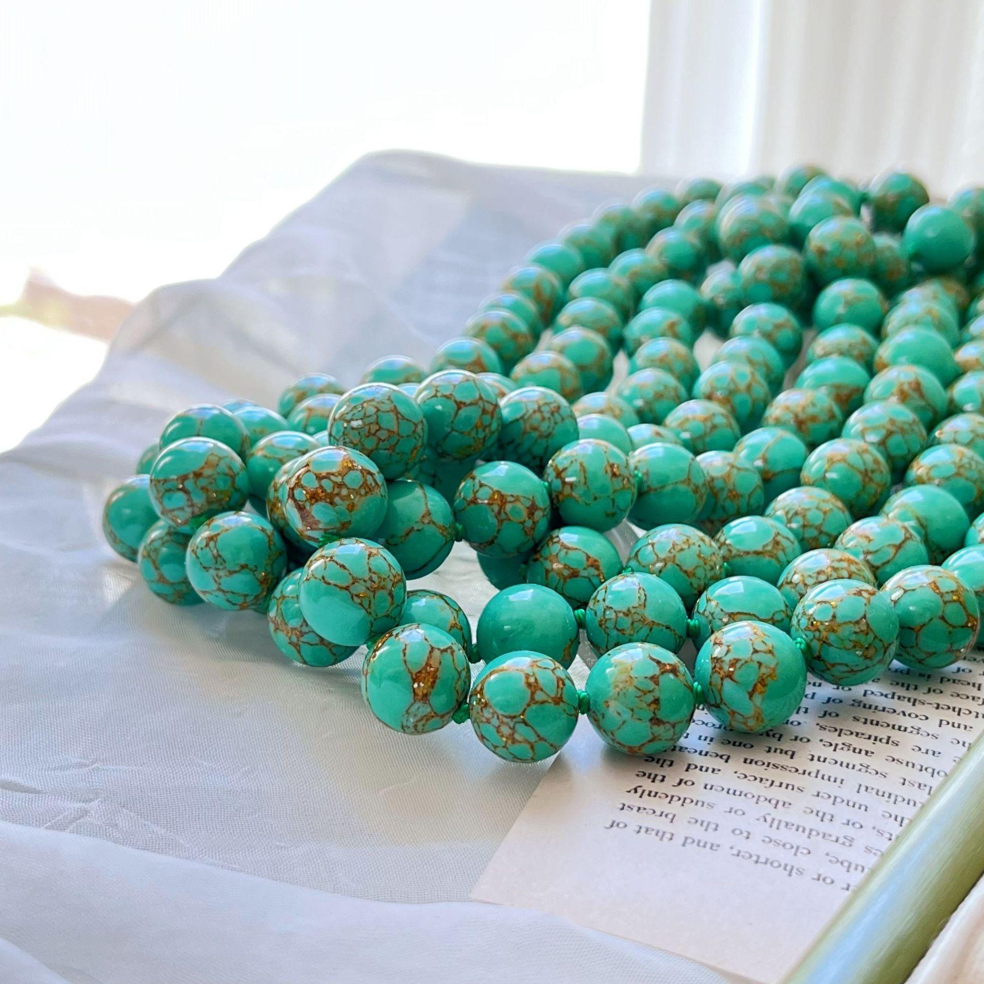 

Retro Large Particle 12Mm Artificial Gold Thread Pine Turquoise Necklace Neck Chain Collarbone Chain Niche Design