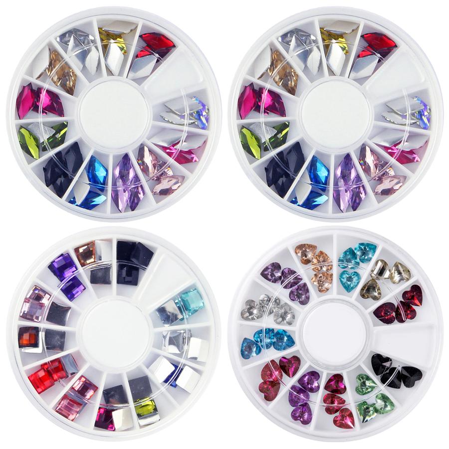 36Pcs 3D Nail Rhinestones, Flat Back Square Heart Drop Shape Wheel, Nail Glitter Gems Decorations for DIY Manicure Cell Phone Decor