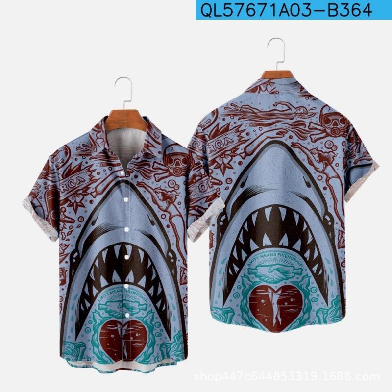 1116 New Shark 1d Printing Summer Casual Short Sleeve Shirt Men's Wholesale Manufacturer Europe