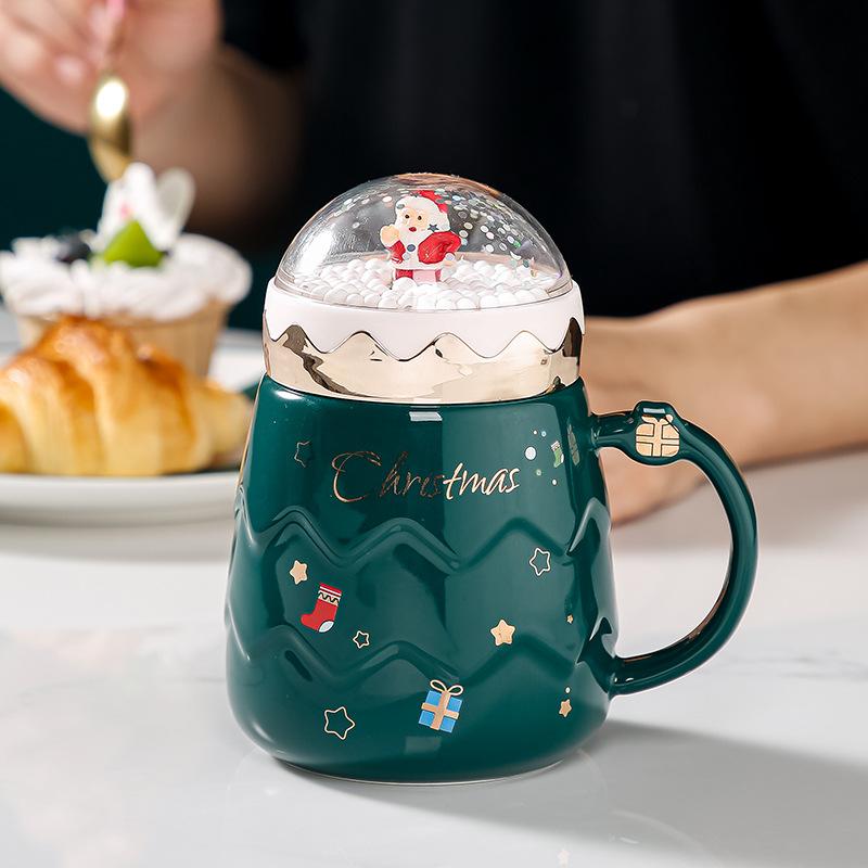 Santa Claus Ceramic Coffee Mug with Creative Snow Globe Lid Afternoon Tea Flower Tea Cup Home Breakfast Milk Mug Christmas Gift