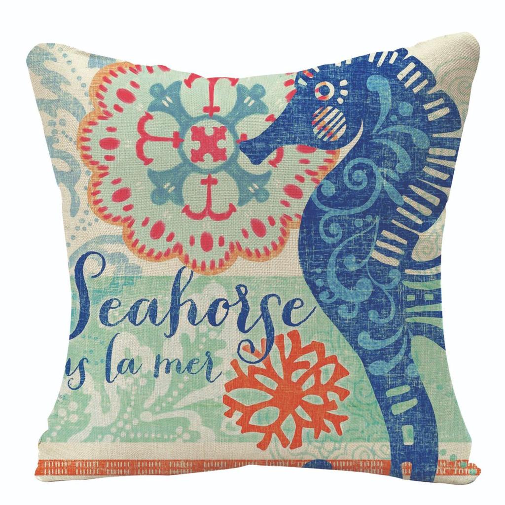 Marine Creatures Sea Horse Turtle Whale Octopus Linen Cushion Cover Pillow Cover