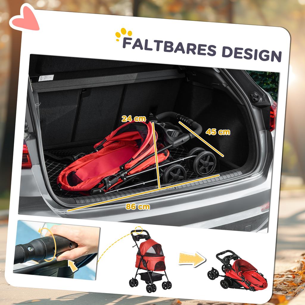 Dog Buggy, Foldable, Mesh Window, Removable Roof, Cup Holder, Bottom Basket, Metal Frame, Red, 67 X 45 X 96 Cm