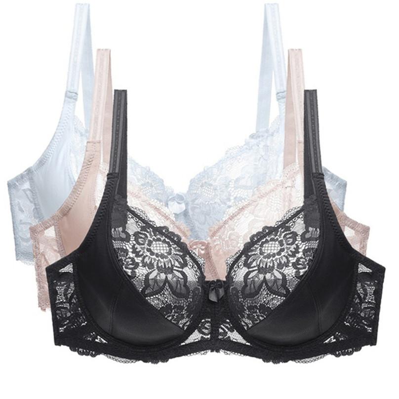 Fashion European and American Female Luxury Lace Plus Size Gathered Bra Solid Color Push Up Sexy Thin Breathable Bra