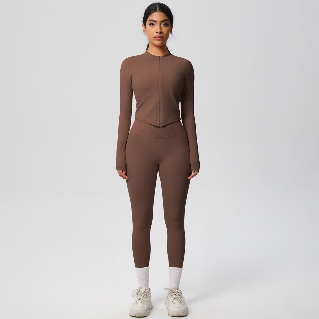 Quick Drying Nude Fitness Zipper Jacket Set, Tight Fitting High Waist And Hip Lifting Yoga Outdoor Running Sports Set, Two-Piece Set For Women