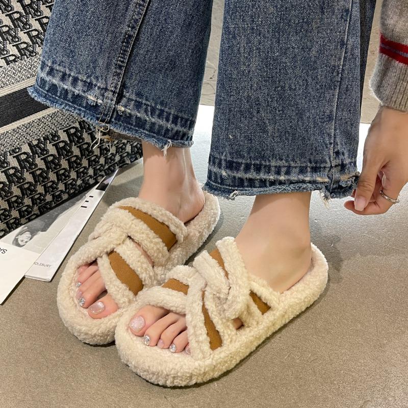 Fashion 2024 New Winter Furry Slippers Fashion Open Toe Comfortable Slippers Women's Indoor Cotton Shoes Fluffy Warm Home Slippers