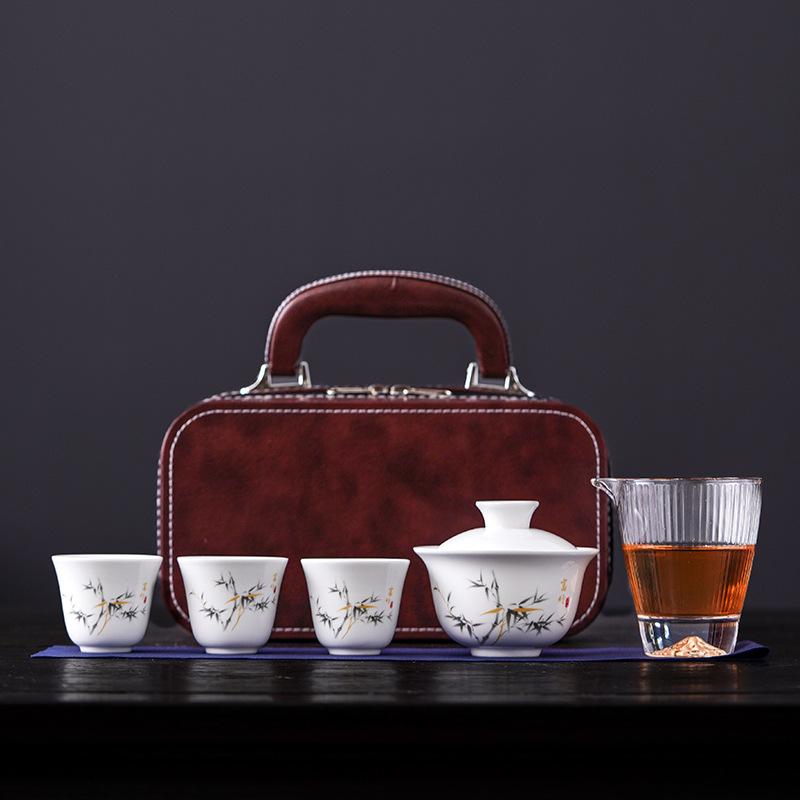 Dehua Simple White Porcelain Suet Jade Cover Bowl Travel Tea Set Small Set Outdoor Portable Going Out Business Activities Gifts
