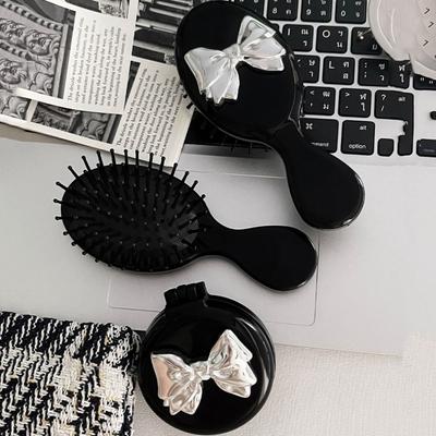 Korean Style 2 In 1 Comb Mirror Set Durable Bow Massage Comb with Mirror  Female