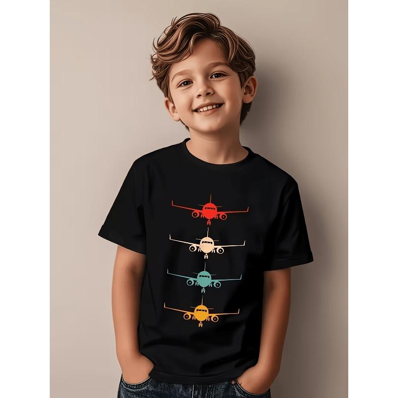 Boys Pilot Airplane Graphic Short Sleeve T-Shirt Propeller Jet Helicopter Print Summer Casual Tee