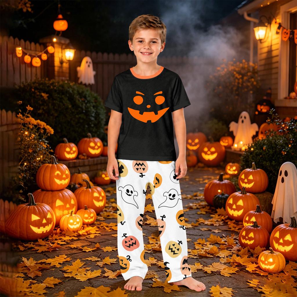 Family Matching Halloween Printed Loungewear Set Short Sleeve Top and Pants for Couples and Kids