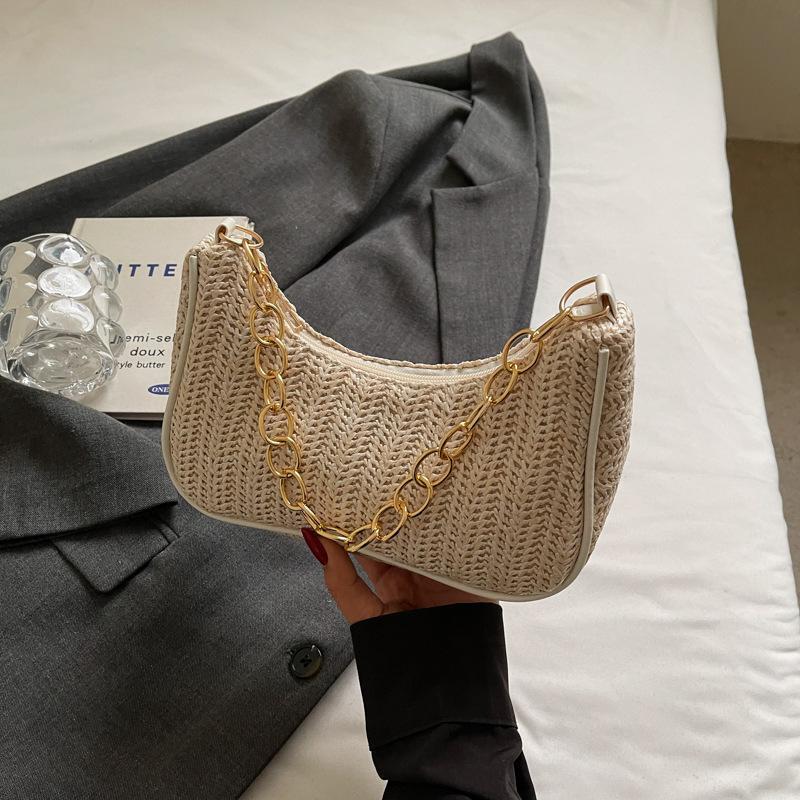 Summer New Versatile Fashion Grass Woven Retro Baguette Armpit Bag Simple Literary One Shoulder Portable Messenger Bag Women