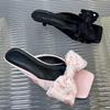 Fashion 2025Bling Kitten High Heels Slippers Bow Sandals Women Square Toe Shoes Summer