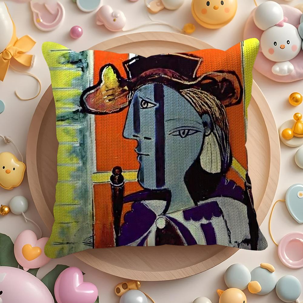 P-Picasso Oil Cushion Cover Linen Organic Fabric Double-Sided Printing Breathable Pillow Case Sofa Home Decor Gift