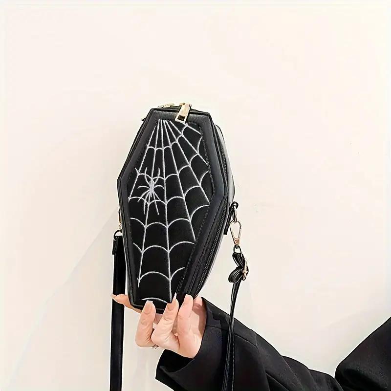 WTEMPO Halloween Zipper PU Bags Gothic Coffin Shaped Crossbody Bags Halloween Spider/Spider Web Pattern Large Purses Vintage Single Shoulder Gift Bags