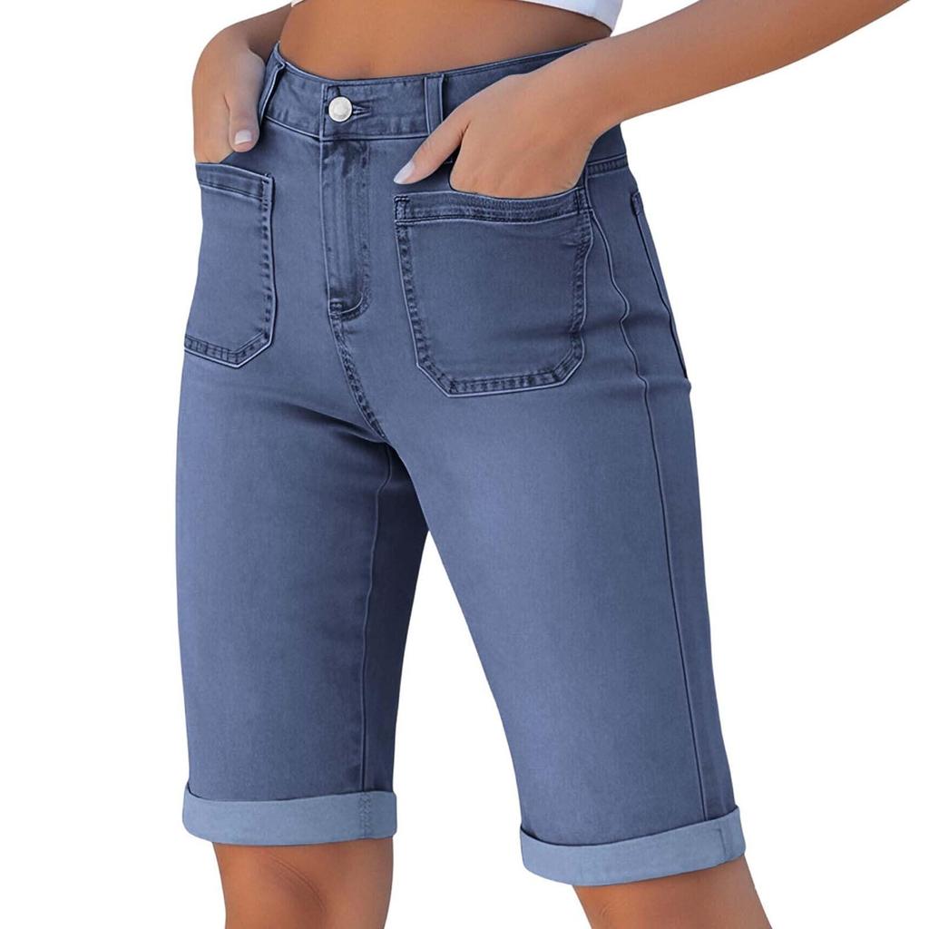 Women's Denim Shorts High Waist Mid Length Jean Shorts with Front Pockets and Rolled Hem Casual Summer Bottoms