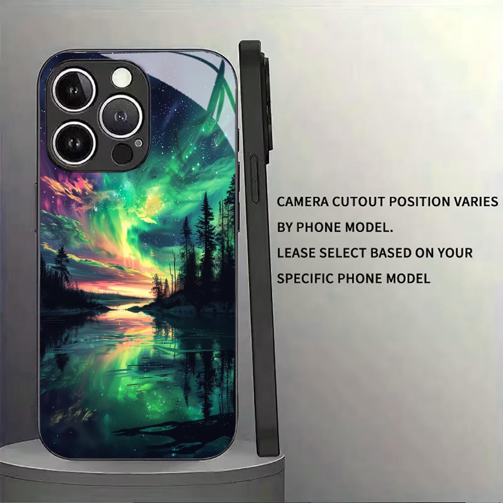 Aurora Night Sky Black Glass Phone Case For iPhone 17 16 15 14 13 12 11 Pro Max Plus Soft Silicone Bumper Anti‑Knock Back Cover