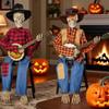 Esqueletos Musicales Luminosos Pareja Decoraciones Animadas de Halloween Plástico Jugador de Banjo Duelo Para Exterior Interior