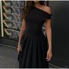 Elegant Pleated Dress For Women Fashion Street Short Sleeve Patchwork Long Dress Casual Office Lady Irregular Neck Robe