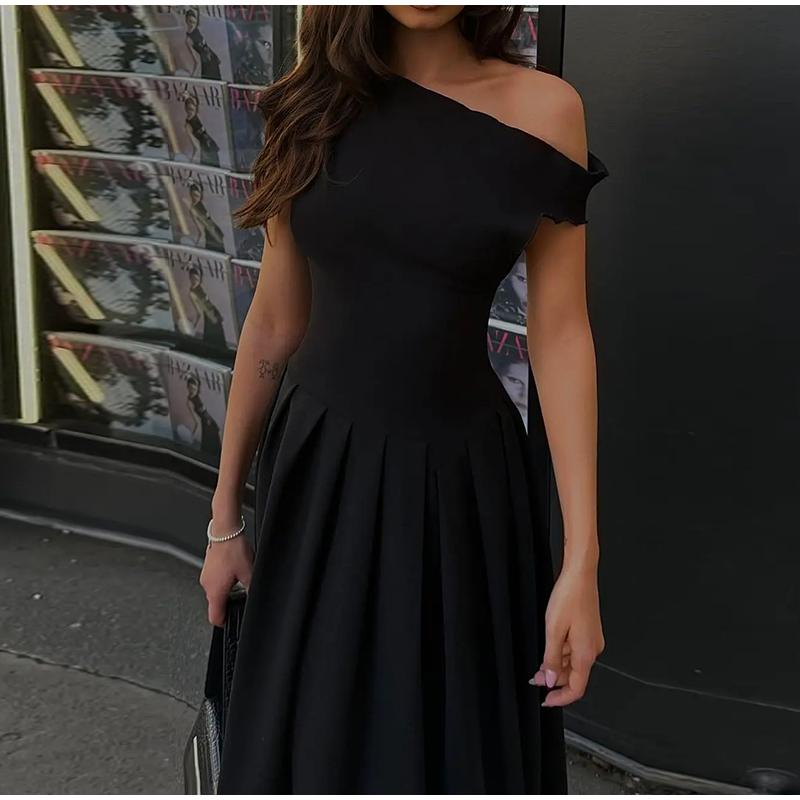 Elegant Pleated Dress For Women Fashion Street Short Sleeve Patchwork Long Dress Casual Office Lady Irregular Neck Robe