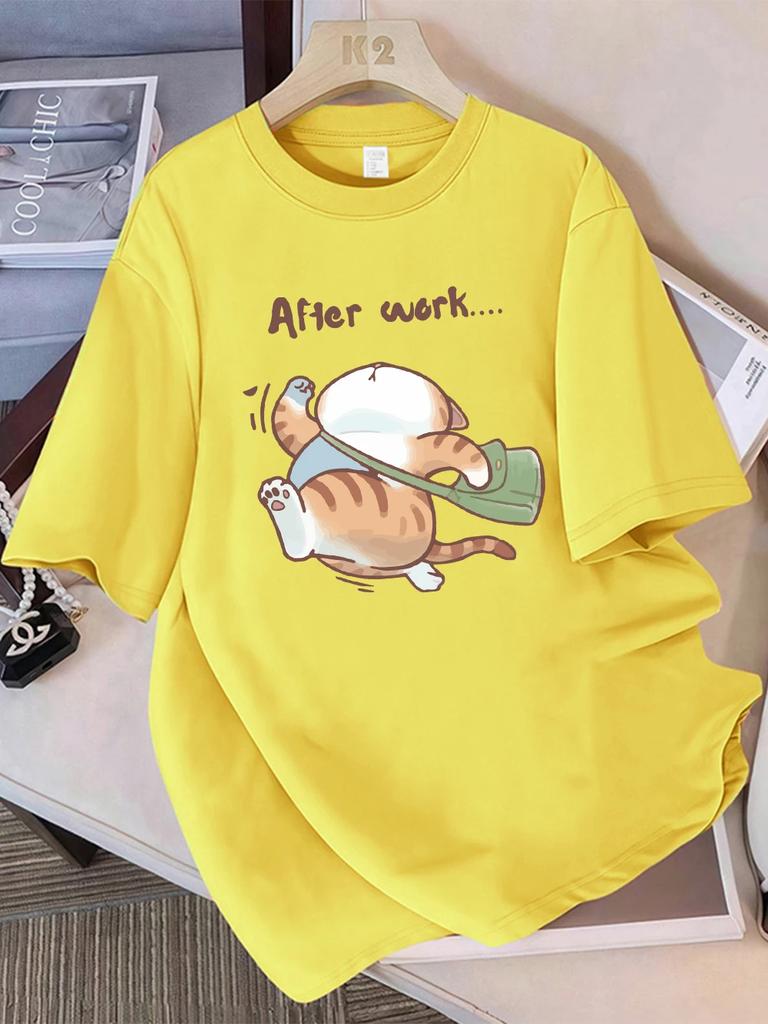 Summer TShirts Womens The Cat That Runs After Work Prints Tops Soft ONeck Short Sleeve Tees Basic Clothes Women Clothes