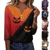 Women's Casual Halloween Print V Neck Button Front Three Quarter Sleeve T Shirt Top with Spider Web Design for Fall Seasonal Wear