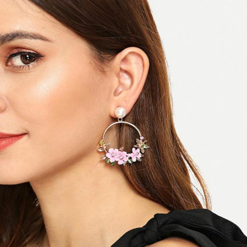 Set Auger Flowers Stud Earrings Joker Color Resin Alloy with Pearls Women Earrings