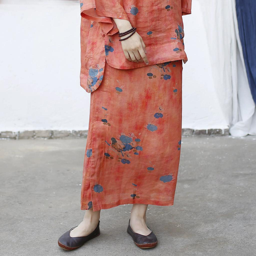 Johnature Vintage Print Floral Skirts Elastic Waist Summer Chinese Style High Quality Female Skirts