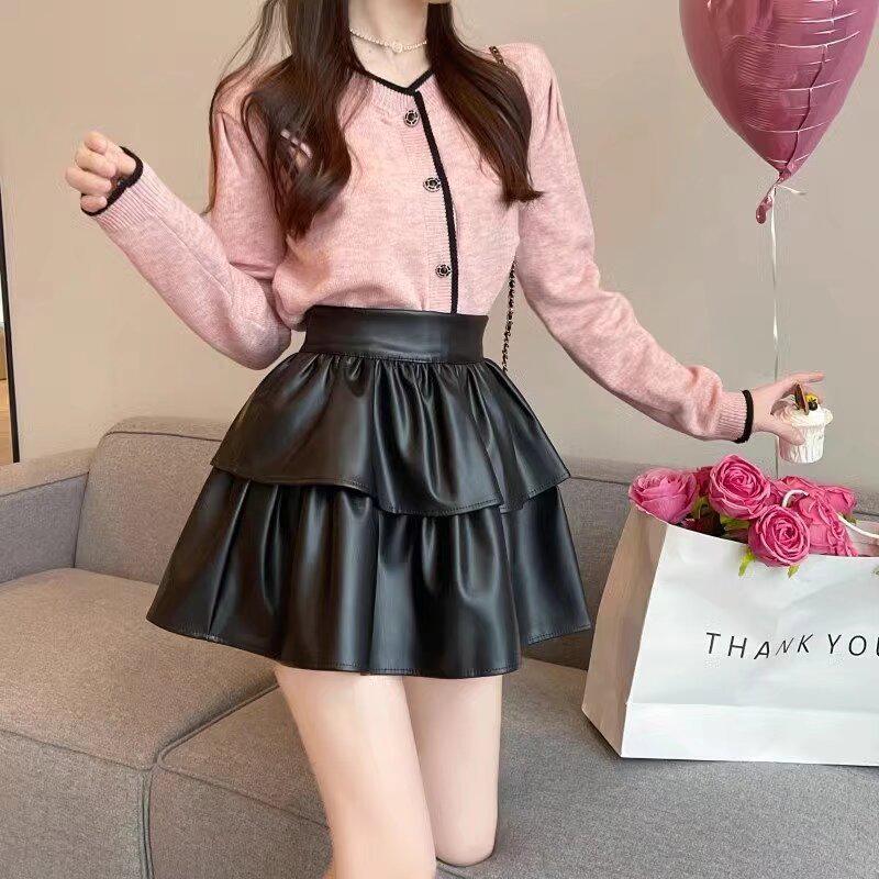 Dámská kožená midi sukně s vysokým pasem a plisováním, nadměrná velikost: Nadývaná, zeštíhlující jarní/podzimní dortová sukně proti odhalení