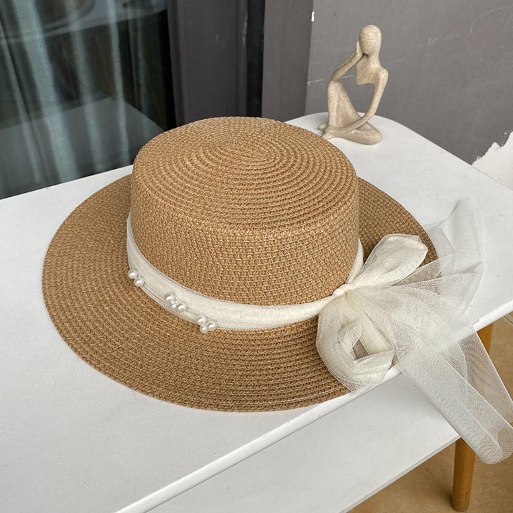 Pastoral Style Summer Straw Hat Pearl UV Protection Cap Foldable Wide Brim Sun Hat  Girls