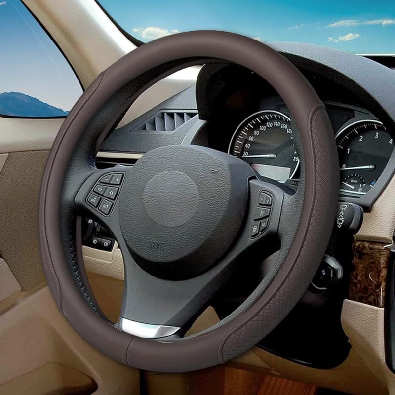VARGTR Microfiber Leather Steering Wheel Cover With Classic Embossing, Anti-Slip Breathable Auto Car Wheel Protector, Fit 15 Inch (Beige)