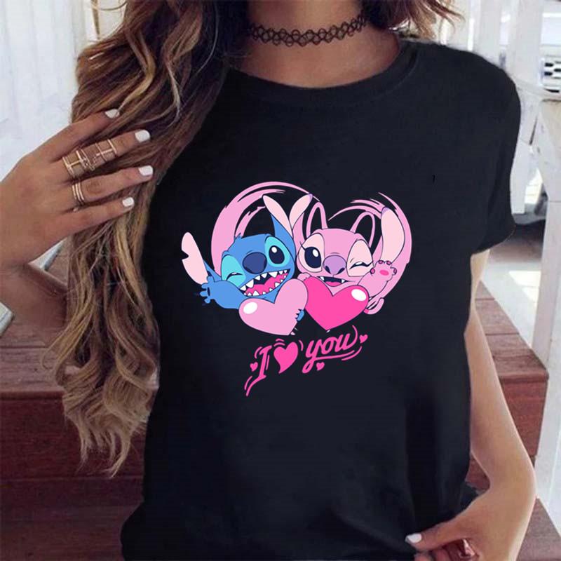 New Fashion FeUnisex Clothing Cartoon Disney Stitch Womens Tshirt Summer Short Sleeve Black Tops