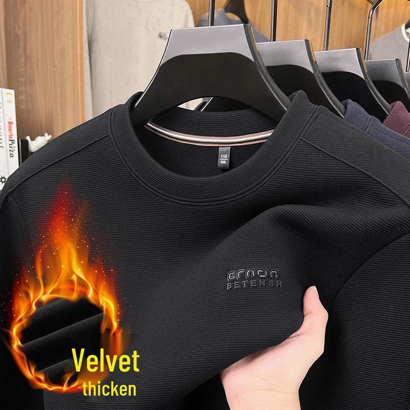 Men s Velvet-Lined Winter Sweatshirt - Warm, Long Sleeve, Versatile, Pure Color Top 3XL чёрный